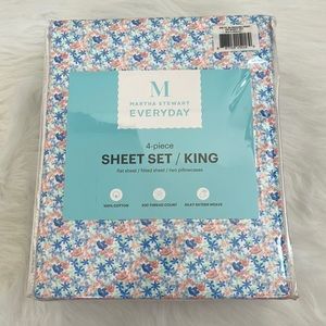 New Martha Stewart Floral King Size Sheet Set Blossoms Prints 100% Cotton